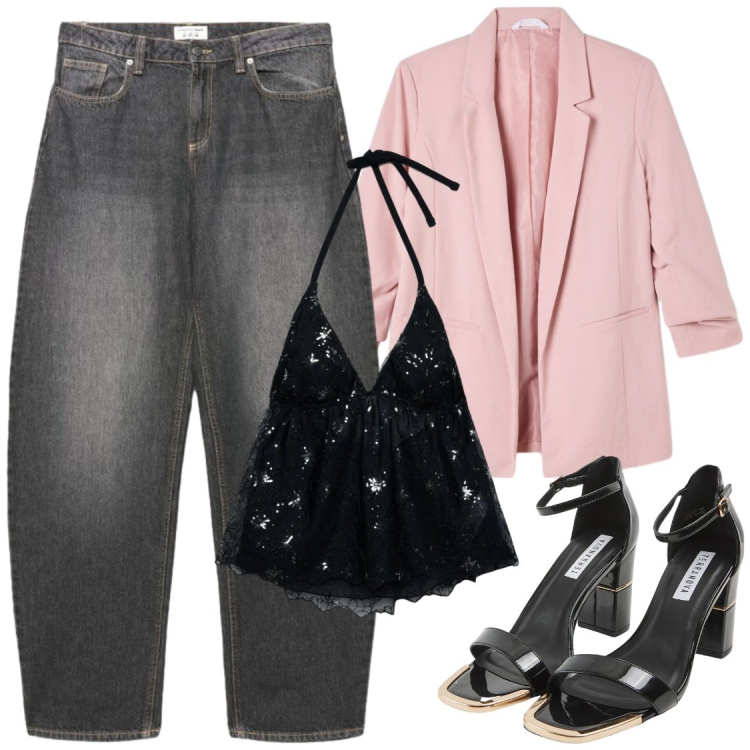 Outfit donna - Fresche serate settembrine. Stile Chic per Serata fuori. Abbinamento con blazer, top, jeans, sabot.
