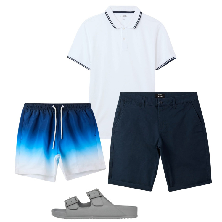 Outfit uomo - In barca, comodo ma con stile.. Stile Trendy Abbinamento con polo, bermuda, sandali, costumi.