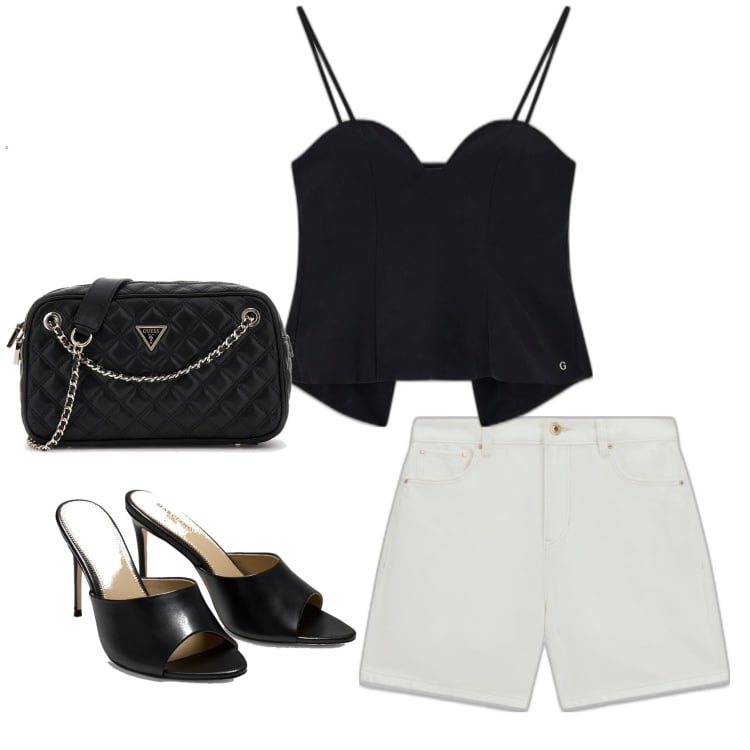 Outfit mujer - Urban style. Estilo Urban para Todos los días. Combinación con sandalias de tacón, pantalones cortos, bolsos de mano, top.