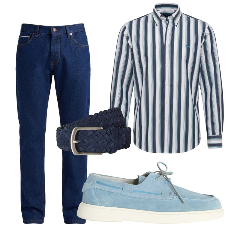 Outfit uomo - Fine agosto. Stile Trendy per Ufficio. Abbinamento con scarpe stringate, camicie, jeans, cinture.