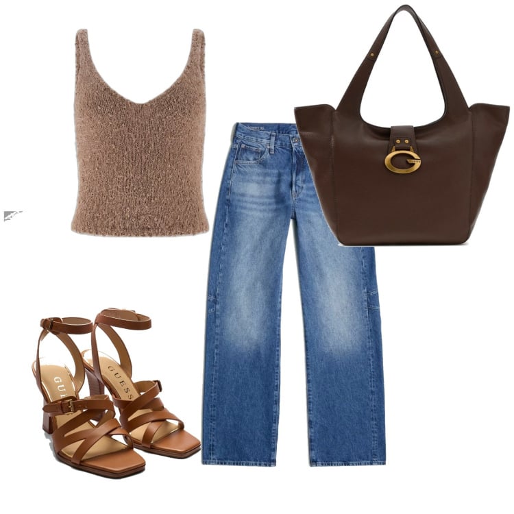 Outfit mujer - Urban style. Estilo Urban para Todos los días. Combinación con bolso tote, top, vaqueros, sandalias de piel.
