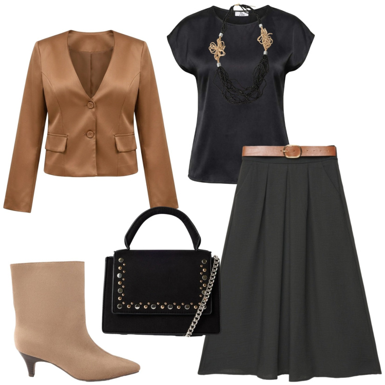 Outfit donna - Total look #2456344. Stile Chic per Ufficio. Abbinamento con stivaletti, collane, gonne lunghe, borse a tracolla, top, blazer.