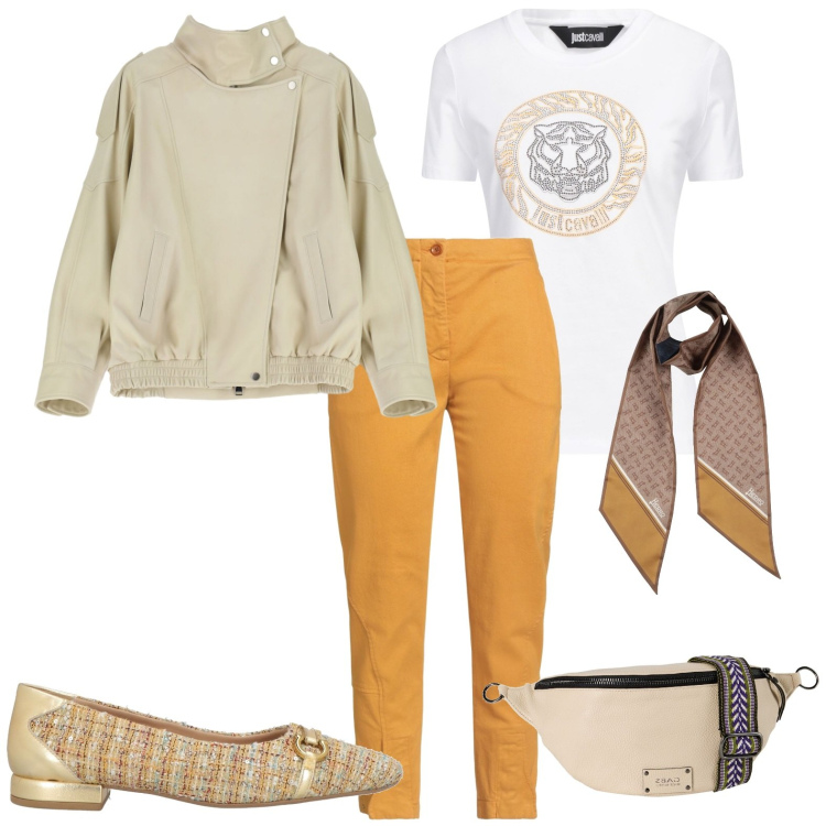 Outfit donna - Casual a fine agosto. Stile Casual per Tutti i giorni. Abbinamento con jeans slim fit, ballerine, marsupi, sciarpe, t-shirt, giacche.
