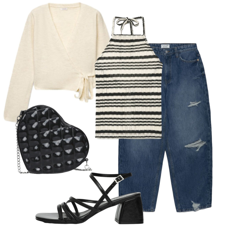 Outfit donna - Total look #2456350. Stile Urban per Serata fuori. Abbinamento con jeans strappati, canottiere, borse a tracolla, cardigans, sandali col tacco.