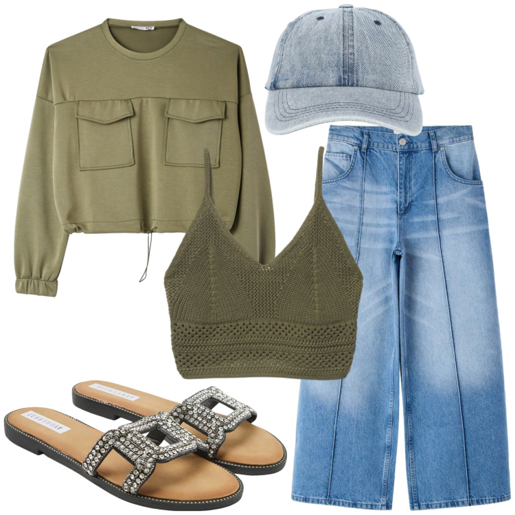 Outfit donna - Total look #2456351. Stile Urban per Tutti i giorni. Abbinamento con jeans, cappelli con visiera, ciabatte, canottiere, felpe.