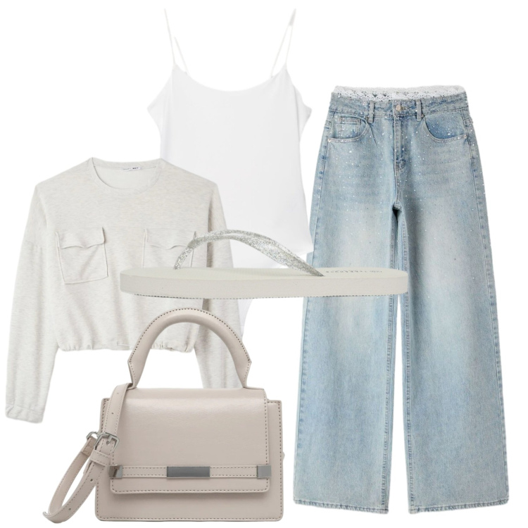 Outfit donna - Total look #2456356. Stile Sporty chic per Tutti i giorni. Abbinamento con infradito, top, felpe, borse a tracolla, jeans.
