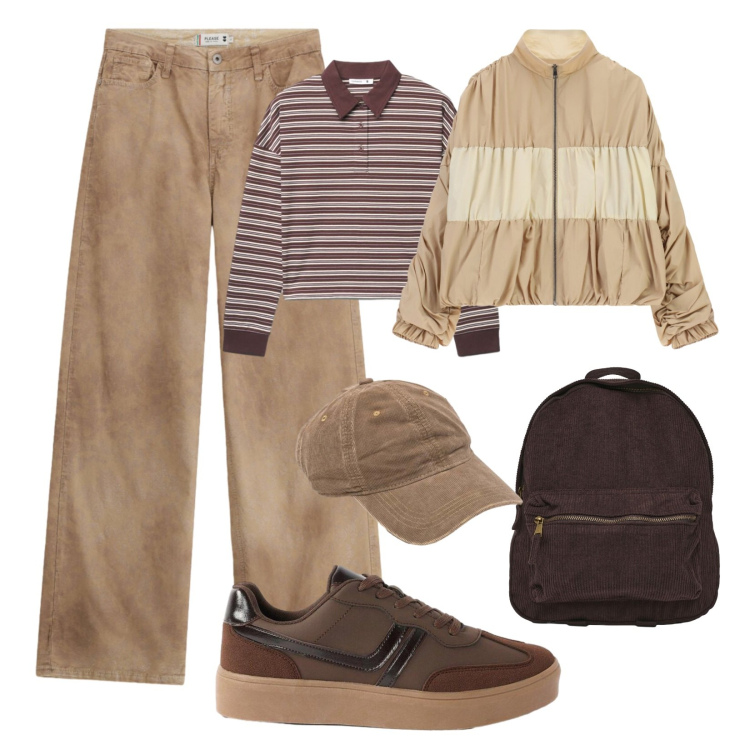 Outfit donna - Fuga in montagna. Stile Casual per Tutti i giorni. Abbinamento con sneakers, bomber, zaini, polo, pantaloni a palazzo, cappelli con visiera.