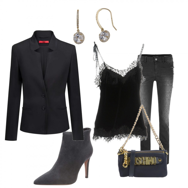 Outfit donna - Chic #3179. Stile Chic per Serata fuori. Abbinamento con top con pizzo scollatura profonda senza maniche in velluto tinta unita, borsa a mano petit con manico e zip interno foderato in tessuto tecnico tinta unita, giacca collo con revers in cupro, jeans skinny sport nero, stivali grigio, orecchini in oro giallo.