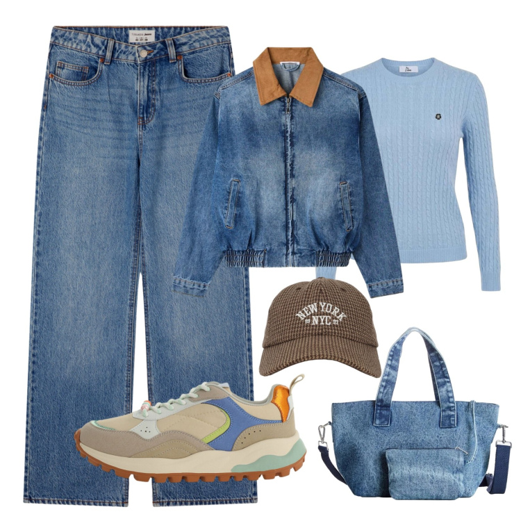 Outfit donna - Weekend in montagna. Stile Urban per Tutti i giorni. Abbinamento con borse a mano, jeans, cappotti, cappelli con visiera, maglieria, sneakers.