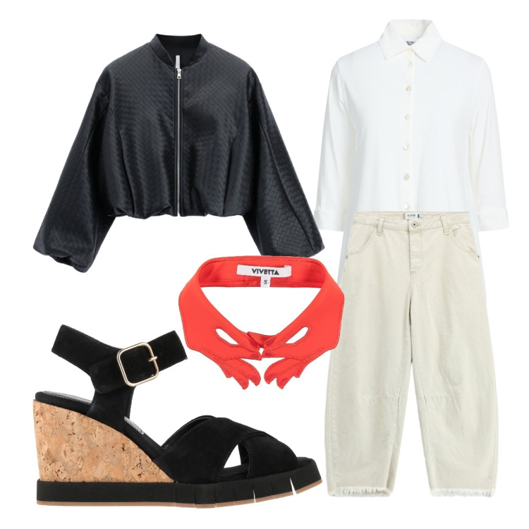 Outfit donna - Oggi piove. Stile Basic per Tutti i giorni. Abbinamento con sandali in pelle, sciarpe, camicie, bomber, jeans dritti.