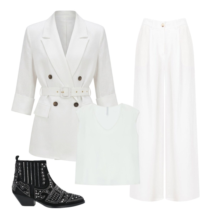 Outfit donna - Cerimonia latina. Stile Trendy per Cerimonia. Abbinamento con stivaletti, top, blazer, pantaloni a palazzo.
