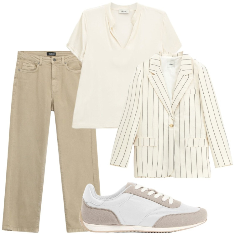 Outfit donna - In ufficio. Stile Chic per Tutti i giorni. Abbinamento con sneakers, t-shirt, jeans dritti, blazer.