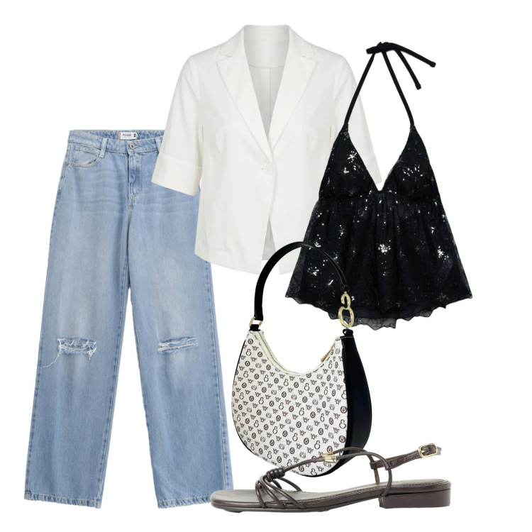 Outfit donna - Serata. Stile Casual chic per Serata fuori. Abbinamento con sandali, top, jeans strappati, borse a spalla, blazer.