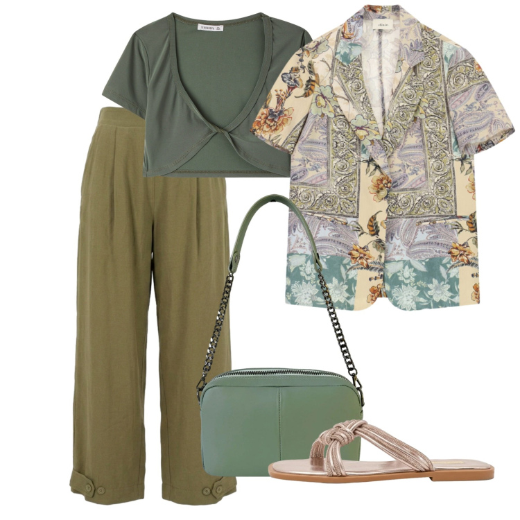 Outfit donna - India touch. Stile Casual chic per Tutti i giorni. Abbinamento con blazer, top, sandali, borse a tracolla, pantaloni.
