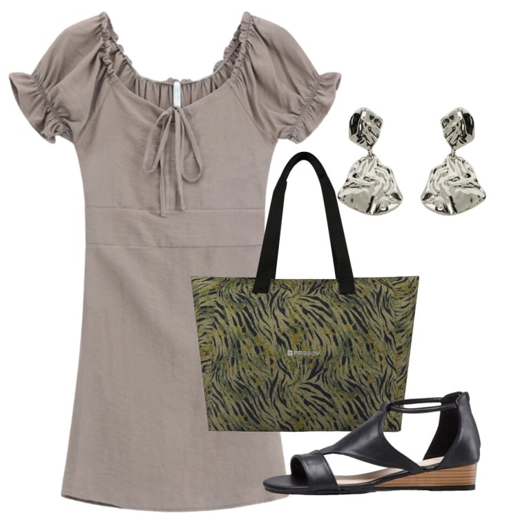 Outfit donna - Agosto. Stile Bon Ton per Tutti i giorni. Abbinamento con sandali, vestiti corti, orecchini, shopping bag.