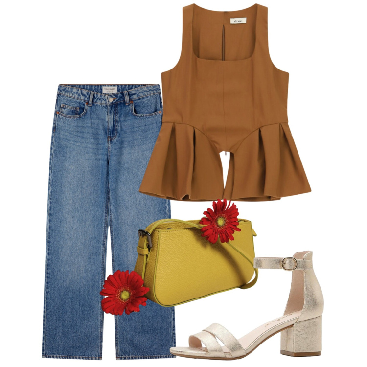 Outfit donna - Agosto. Stile Casual per Tutti i giorni. Abbinamento con sandali col tacco, jeans, top, borse a spalla.