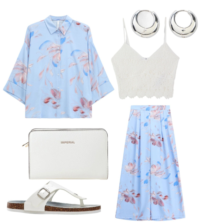 Outfit donna - Total look #2456389. Stile Casual chic per Serata fuori. Abbinamento con infradito, orecchini, pantaloni a palazzo, camicie, borse a tracolla, top.