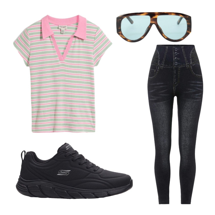 Outfit donna - Dopo il lavoro con le amiche. Stile Casual per Serata fuori. Abbinamento con polo, jeggings, sneakers, occhiali da sole.