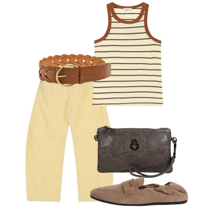 Outfit donna - Agosto. Stile Casual per Tutti i giorni. Abbinamento con pantaloni, mocassini, top, cinture, pochette.