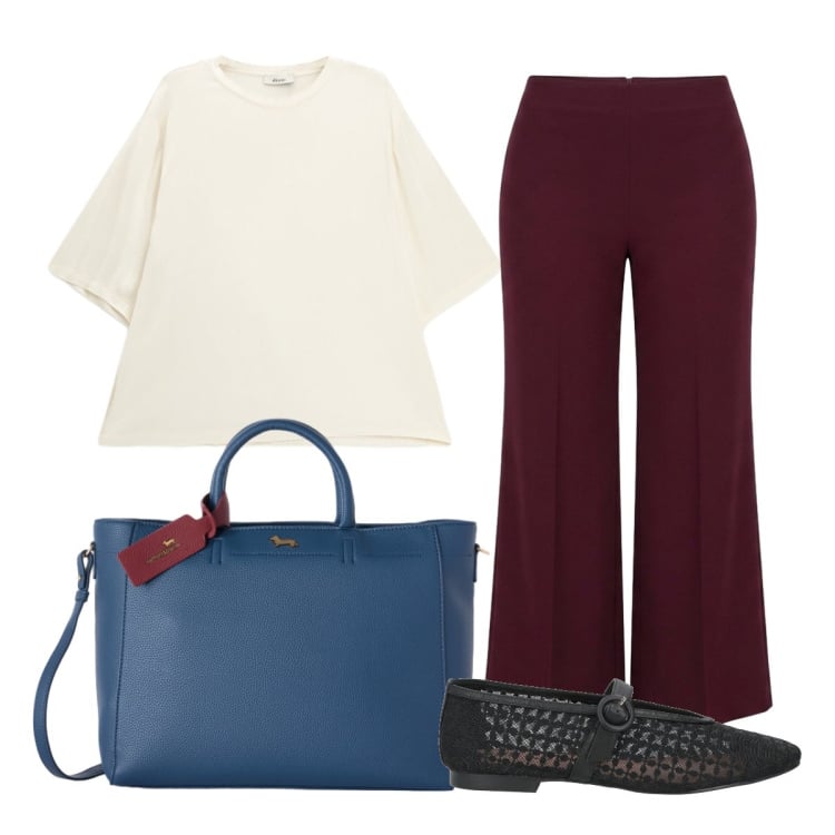 Outfit donna - Versatile tonalità di blu look curvy. Stile Casual chic per Ufficio. Abbinamento con ballerine, borse a mano, t-shirt, pantaloni a palazzo.