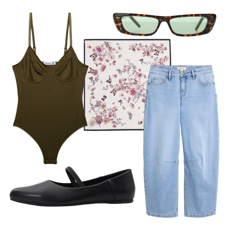 Outfit donna - Incantevole casual. Stile Casual per Tutti i giorni. Abbinamento con ballerine, jeans, occhiali da sole, top, foulard.