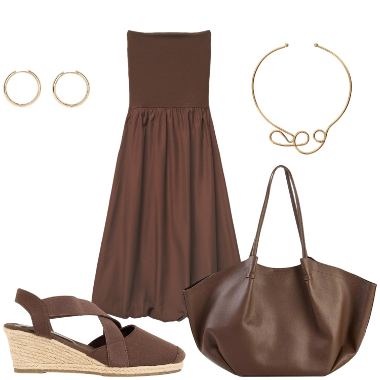 Outfit donna - In marrone sempre chic. Stile Casual chic per Tutti i giorni. Abbinamento con shopping bag, orecchini, zeppe, vestiti midi/longuette, collane.