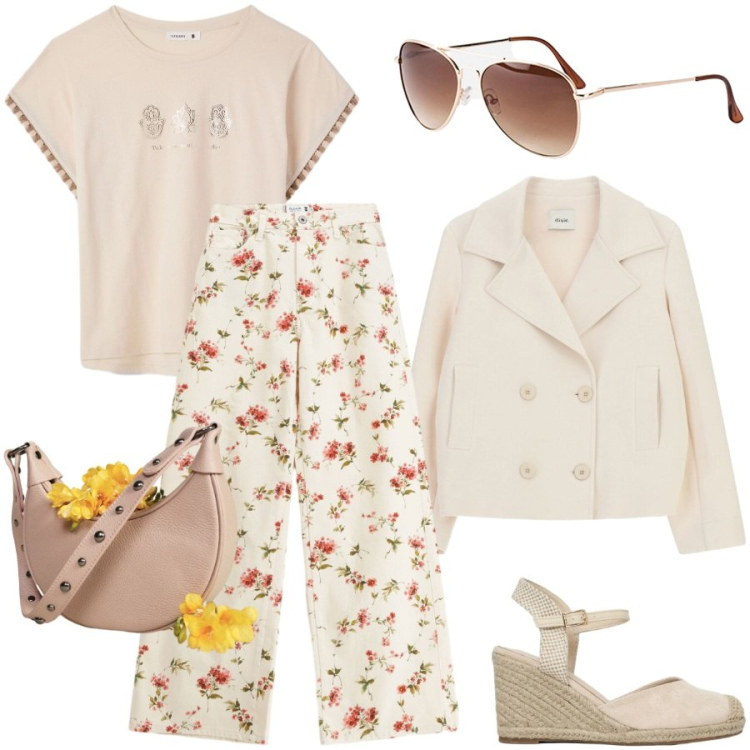 Outfit donna - Ultimi giorni d\' estate. Stile Casual chic per Tutti i giorni. Abbinamento con occhiali da sole, borse a spalla, blazer, zeppe, t-shirt, pantaloni a palazzo.