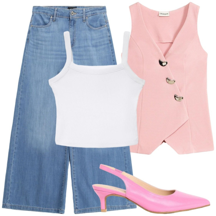 Outfit donna - Confetto style. Stile Chic per Tutti i giorni. Abbinamento con décolleté, blazer, canottiere, jeans.