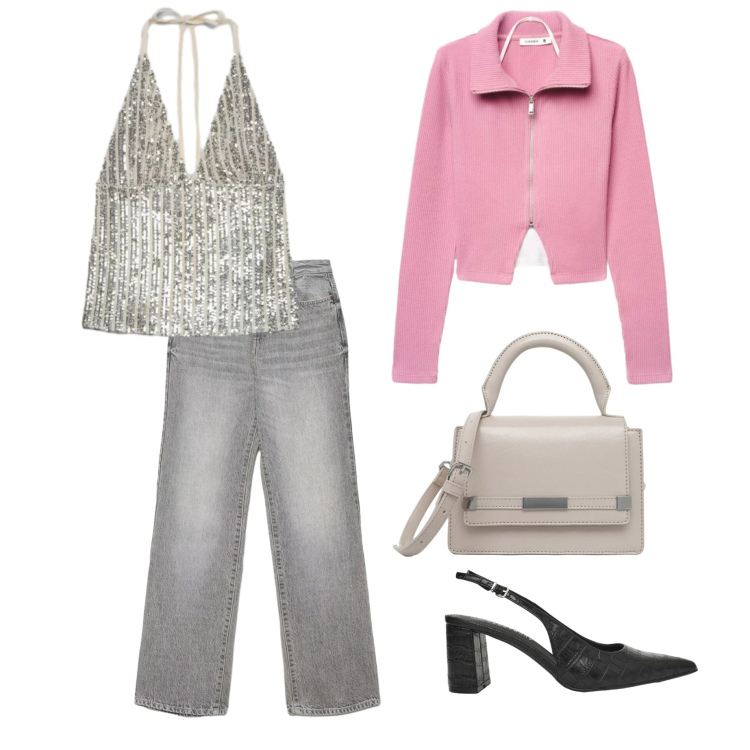 Outfit donna - Un mix tra estate e autunno. Stile Trendy per Serata fuori. Abbinamento con felpe, top, décolleté, borse a tracolla, jeans dritti.