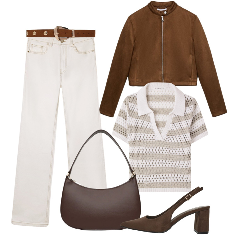 Outfit donna - Fine estate Terranova. Stile Trendy per Tutti i giorni. Abbinamento con giacche, jeans bootcut, t-shirt, décolleté, cinture, borse a tracolla.