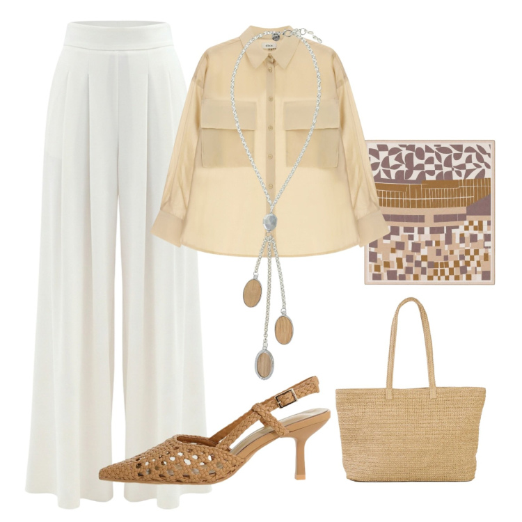 Outfit donna - Semplice e sofisticata. Stile Chic per Tutti i giorni. Abbinamento con shopping bag, décolleté, collane, camicie, foulard, pantaloni a palazzo.
