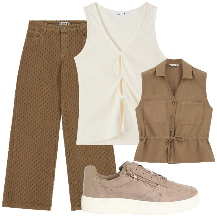 Outfit donna - Safari look. Stile Chic per Ufficio. Abbinamento con sneakers, canottiere, pantaloni, gilet.