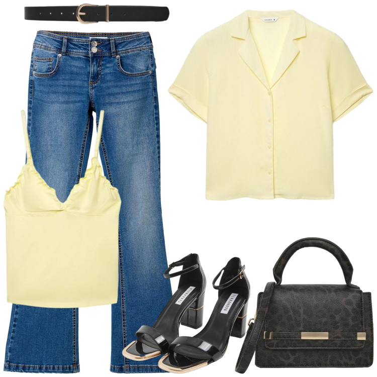 Outfit donna - Denim e giallo con accessori neri. Stile Casual per Tutti i giorni. Abbinamento con sabot, jeans a zampa, canottiere, camicie a manica corta, borse a tracolla, cinture.