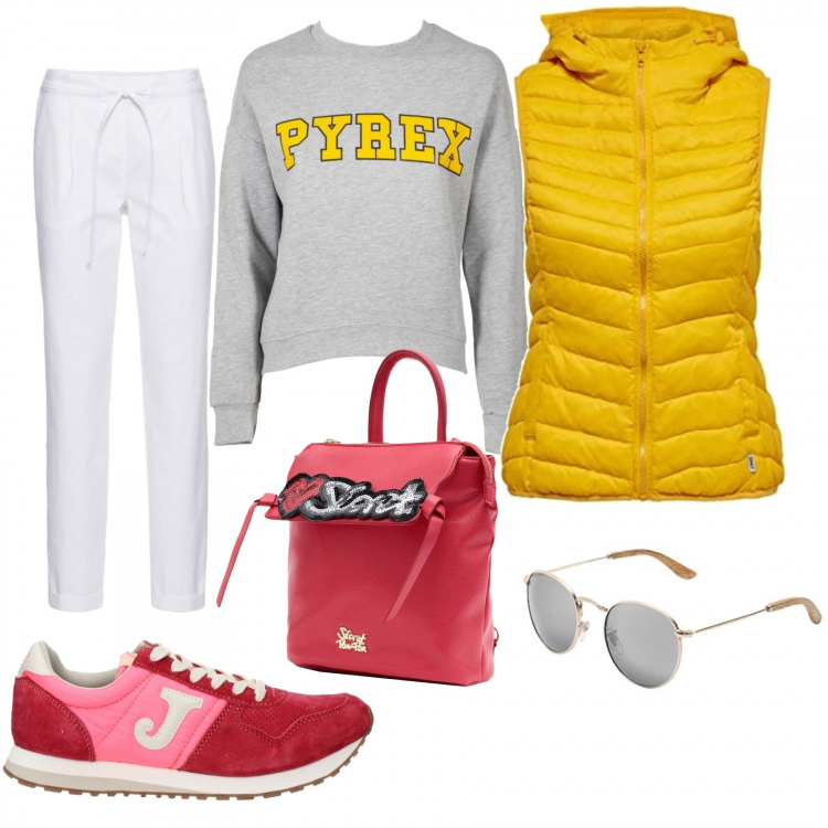 Outfit donna - Giornata free. Stile Urban per Sport. Abbinamento con pantaloni, borsa, sneakers, felpa con stampa girocollo a maniche lunghe, gilet giallo, occhiali da sole.
