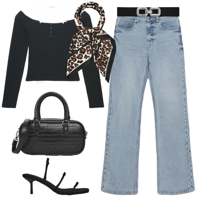 Outfit donna - Total look #2456423. Stile Casual chic per Serata fuori. Abbinamento con cinture, foulard, jeans bootcut, sandali col tacco, borse a tracolla, t-shirt.