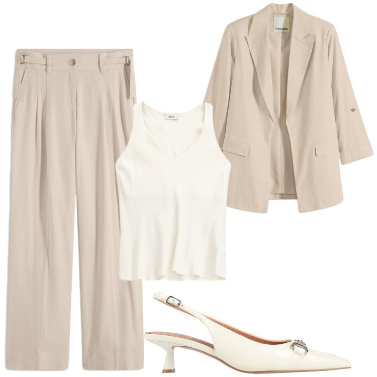 Outfit donna - Misto lino per ufficio. Stile Chic per Ufficio. Abbinamento con décolleté, pantaloni a palazzo, blazer, canottiere.