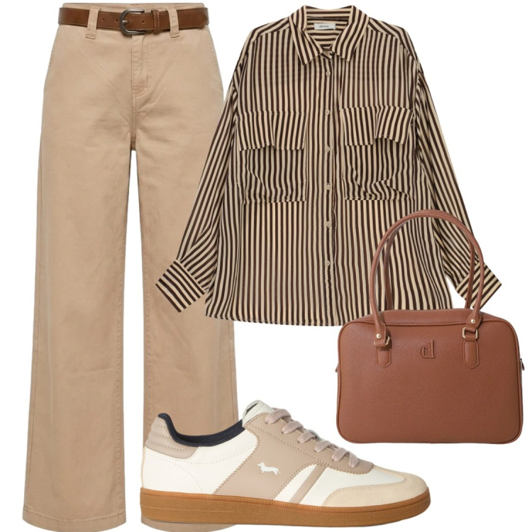 Outfit donna - Sneakers e stile. Stile Casual chic per Ufficio. Abbinamento con sneakers, camicie, borse a mano, pantaloni.