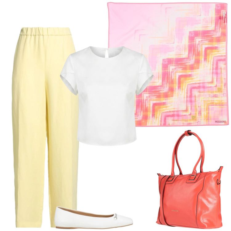 Outfit donna - Ancora estate. Stile Casual chic per Tutti i giorni. Abbinamento con pantaloni, sciarpe, zaini, ballerine, t-shirt.