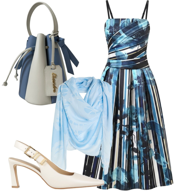 Outfit donna - Guardando il mare. Stile Chic per Serata fuori. Abbinamento con sciarpe, décolleté, vestiti midi/longuette, borse a secchiello.