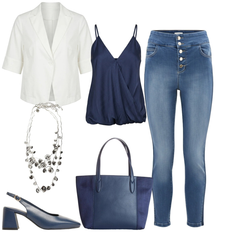 Outfit donna - Al lavoro d\'estate. Stile Minimal per Ufficio. Abbinamento con décolleté, shopping bag, collane, jeans, top, blazer.