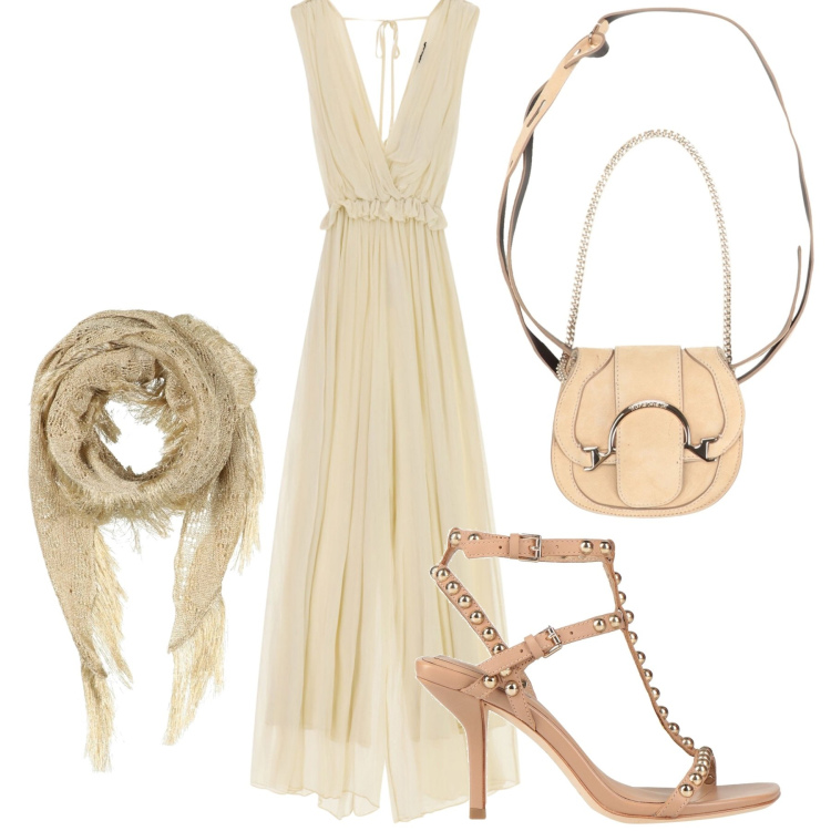 Outfit donna - Beige. Stile Chic per Serata fuori. Abbinamento con stole, marsupi, sandali in pelle, tute.