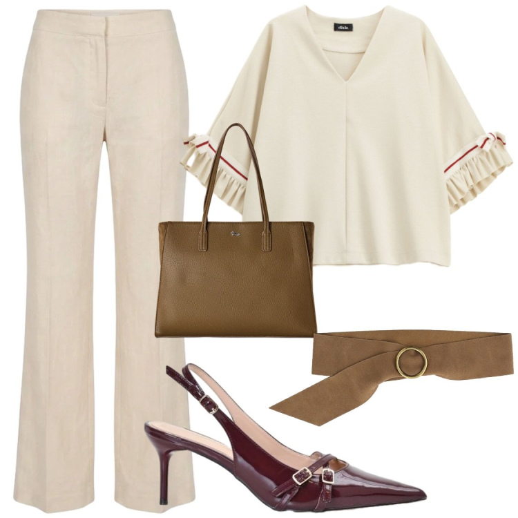 Outfit donna - Settembre style. Stile Chic per Ufficio. Abbinamento con shopping bag, felpe, cinture, décolleté, pantaloni.