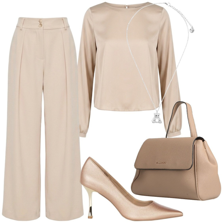 Outfit donna - Look monocromatici che slanciano. Stile Chic per Ufficio. Abbinamento con zaini, pantaloni a palazzo, décolleté, bluse, ciondoli.