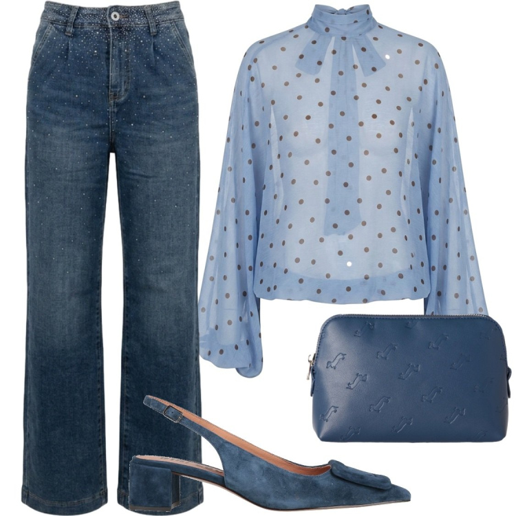 Outfit donna - Raffinatezza in jeans. Stile Chic per Serata fuori. Abbinamento con décolleté, pochette, bluse, jeans.