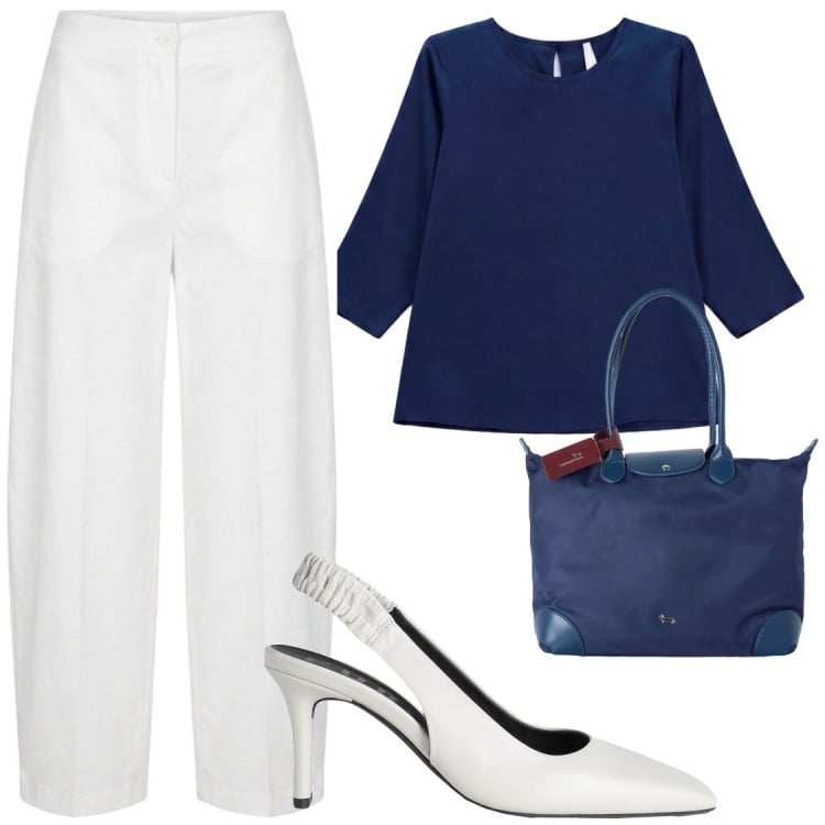 Outfit donna - Blu e bianco. Stile Bon Ton per Ufficio. Abbinamento con décolleté, shopping bag, bluse, pantaloni.