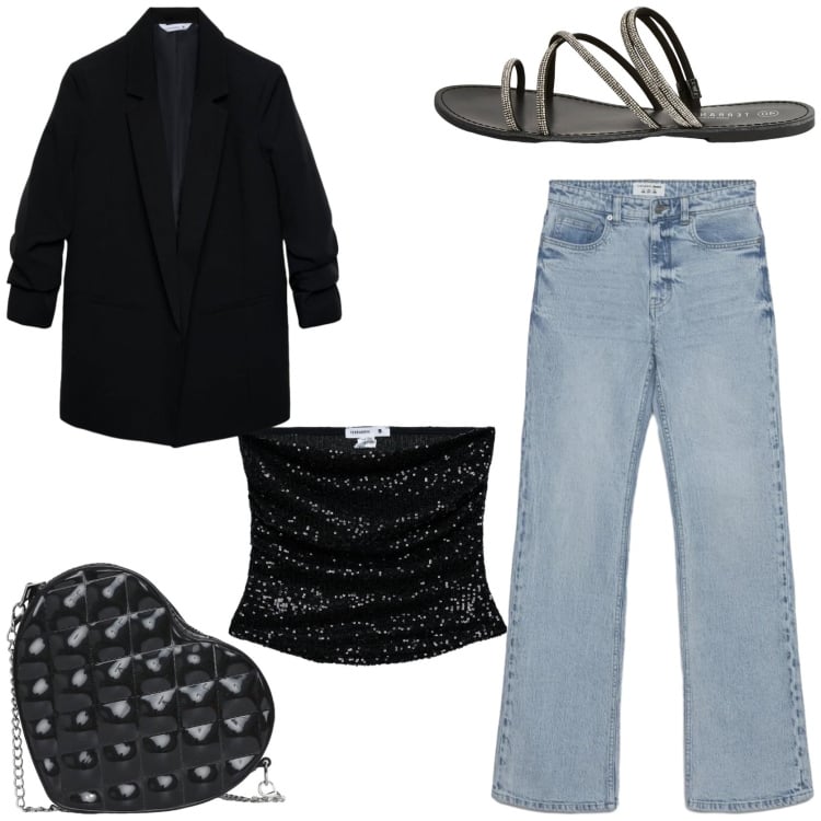 Outfit donna - Summer night. Stile Glamour per Serata fuori. Abbinamento con jeans bootcut, top, blazer, sandali, borse a tracolla.