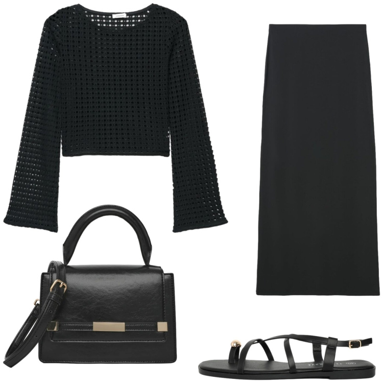 Outfit donna - Fresche sere d\'estate in Total black. Stile Trendy per Serata fuori. Abbinamento con maglieria, gonne lunghe, borse a tracolla, sandali.