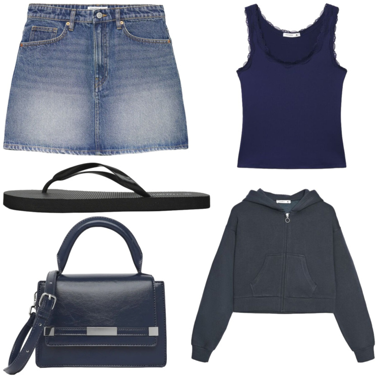 Outfit donna - Al mare di sera. Stile Casual per Serata fuori. Abbinamento con minigonne, top, borse a tracolla, felpe con cappuccio, infradito.