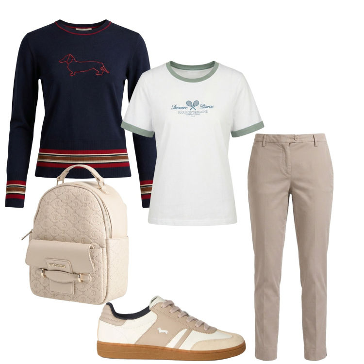 Outfit donna - Montagna casual. Stile Casual per Tutti i giorni. Abbinamento con zaini, maglieria, pantaloni, t-shirt, sneakers.