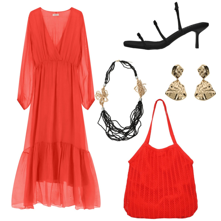 Outfit donna - Birthday party !. Stile Glamour per Serata fuori. Abbinamento con vestiti lunghi, orecchini, collane, sandali col tacco, shopping bag.